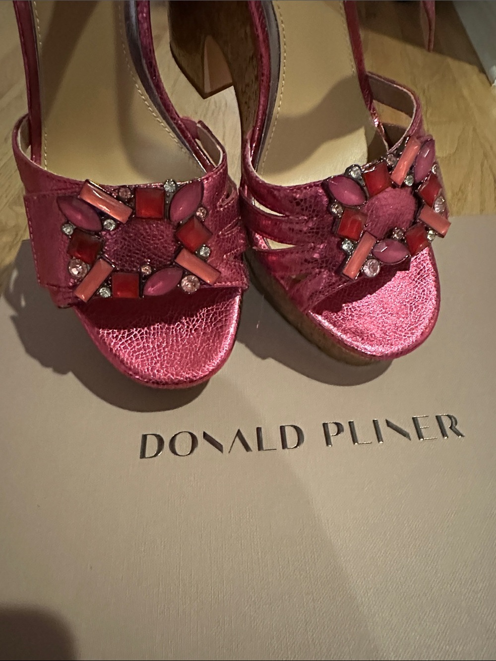 Donald J. Pliner Metallic Fuchsia Jeweled Open-Toe Platforms